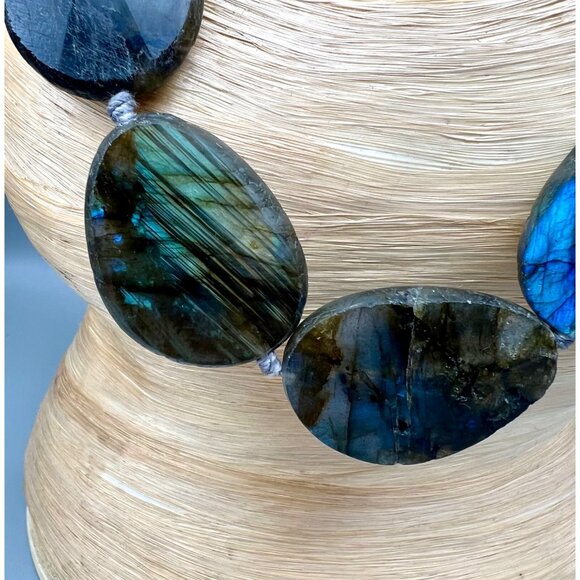 Labradorite Statement Necklace Polished Faceted Madagascar 17-21" Crystals - Picture 7 of 12